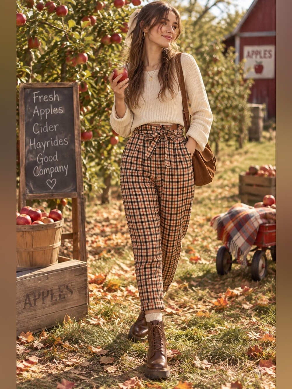 Rust Cream & Black Plaid Paper Bag High-Waisted Taper Ankle Pant Fall Comfort L